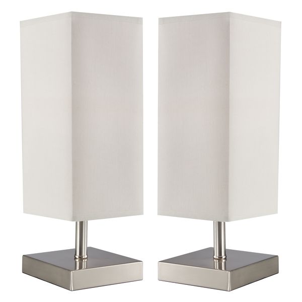 Bright Star Lighting- Twin Set of Satin Chrome Table Lamps With Beige Shade