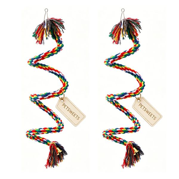 2 Pack 200cm Spiral Cotton Rope Bird Perch Parrot Budgie Rope with Bell