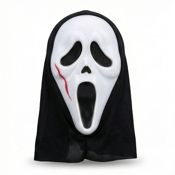 Scary Ghost Face Mask with Red Scar and Hood for Halloween Costumes