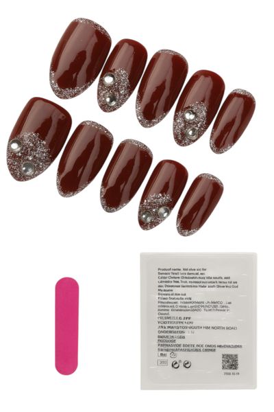 24 Piece - Glitter Oval Shaped Press-On Nails - Burgundy