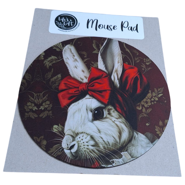 20cm Round Mouse Pad- Red Ribbon White Bunny