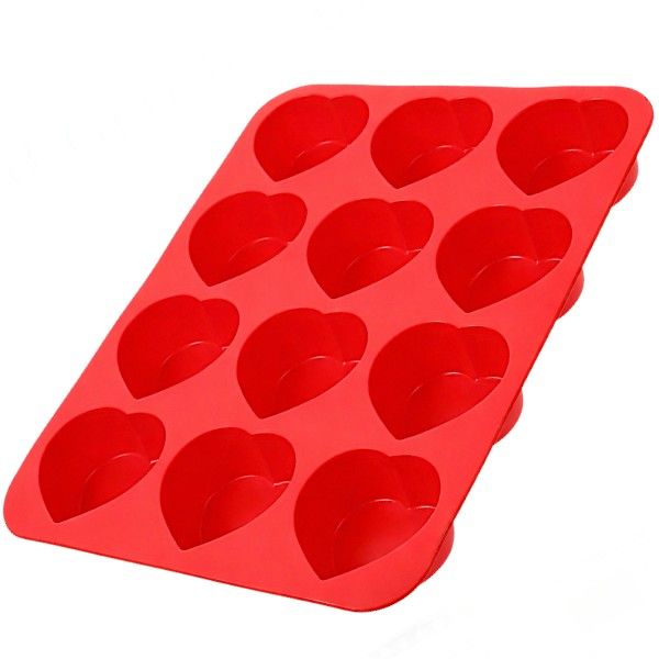 12-Cavity Heart-Shaped Silicone Baking &amp; Chocolate Mould - Red