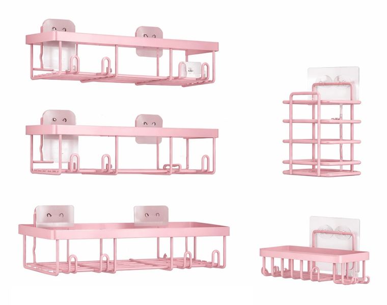 5-Pack Pink Shower Caddy Organizer Rack - Adhesive Bathroom Shelf