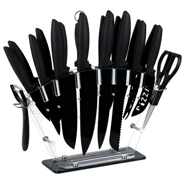 19-Piece Stainless Steel Kitchen Knife Set &amp; Stand- Black Carbon Sharp