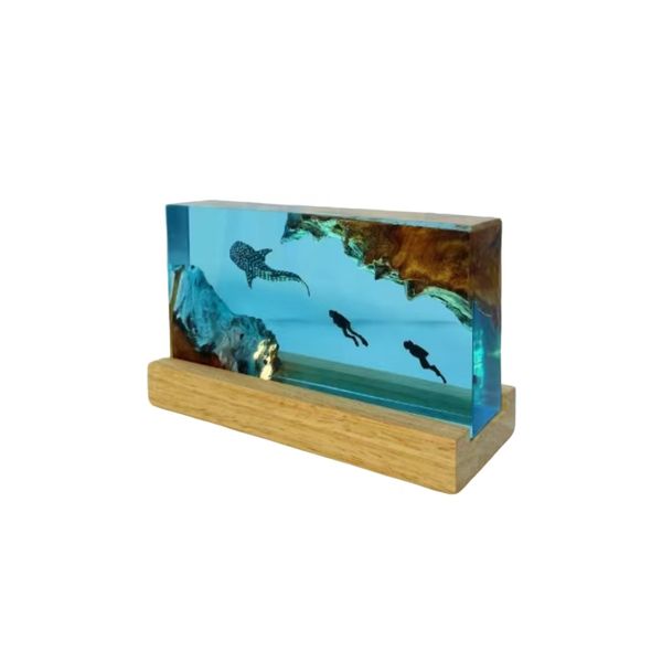 ZELTRYN Whale Shark &amp; Diver Resin Ornament Wood Base Night Light
