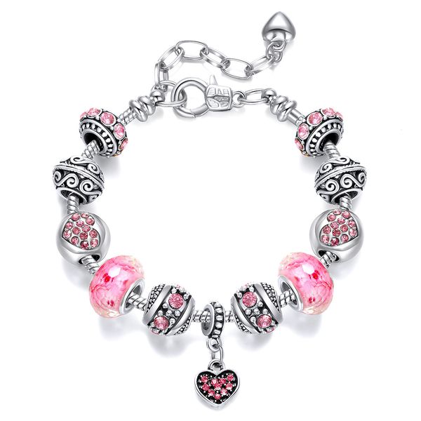 Pink Acrylic Alloy Beaded Charm Snake Bracelet