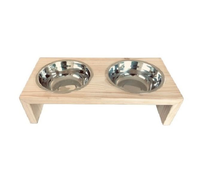 Pet Double Bowl Feeding Set with Wooden Stand - Small Dogs or Cats