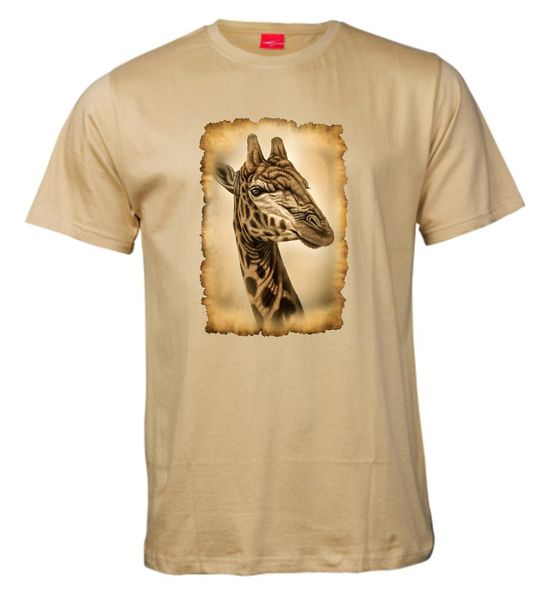 Ithambo Wildlife Giraffe Print Men's Crew Shirt Tee - Olive - 180gm