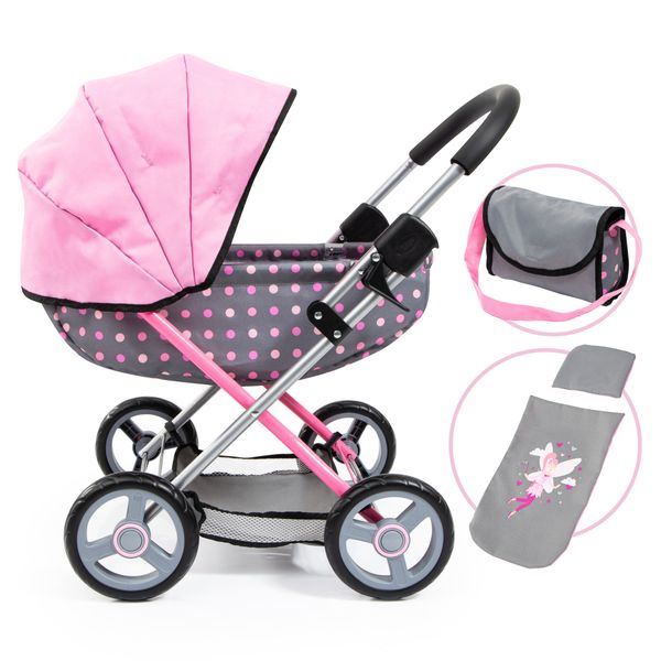 Bayer Cosy Doll's Pram (Pink/Polka) with Bag &amp; Accessories (58cm Tall)