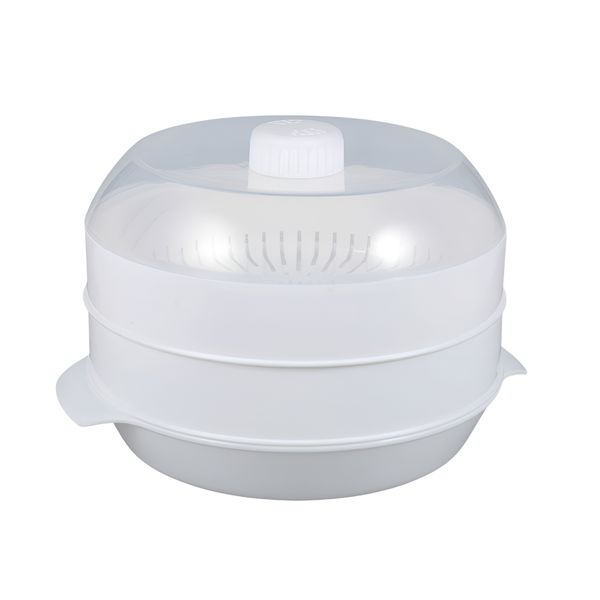 2 Tiers BPA Free Plastic Microwave Vegetable Steamer with Lid - White
