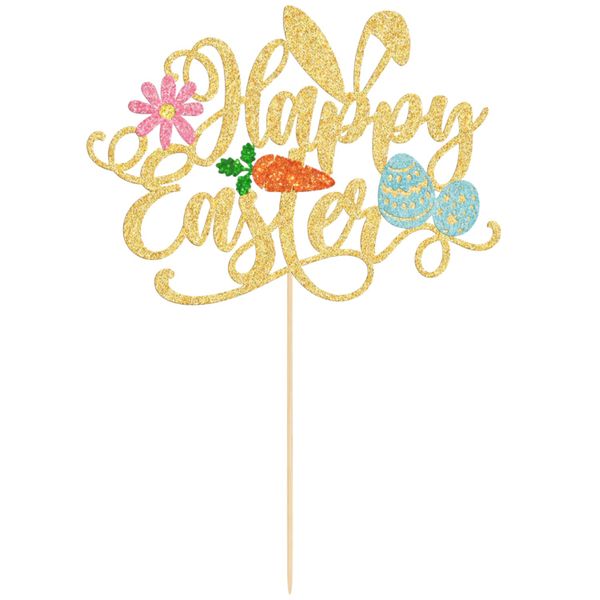 Happy Easter Glitter Cake Topper with Bunny Ears, Carrot and Egg