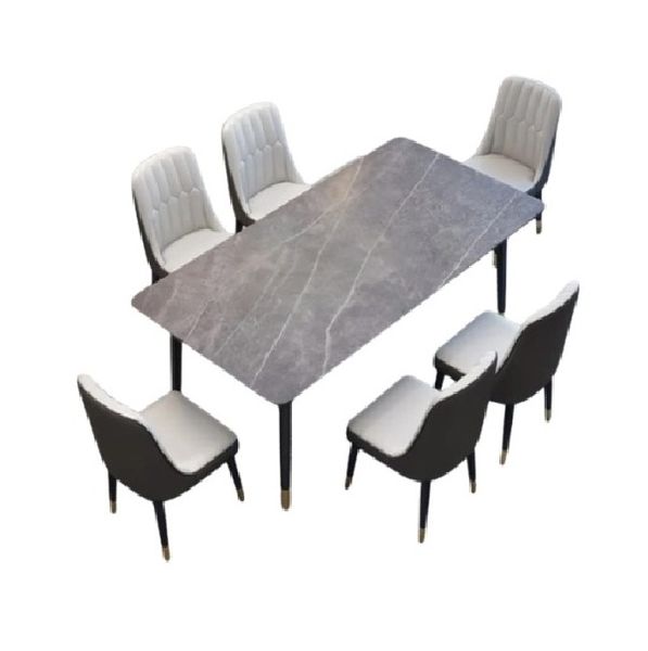 Modern Dining Set (Grey Marble Table with 6 White Chairs)