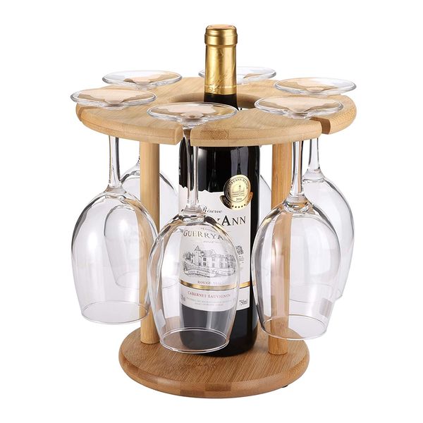 Countertop Bamboo Wine Glass Drying Rack &amp; Bottle Holder