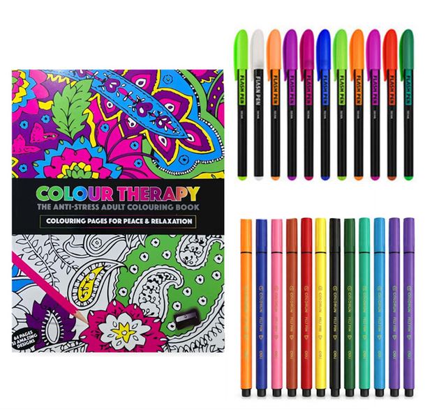 Anti Stress Adult Colouring Book with 12 Neon Color Pens &amp; 12 Color Pen
