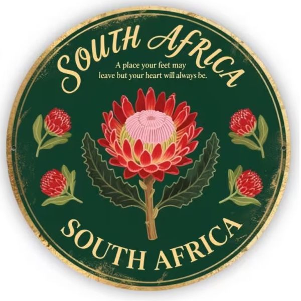 Decor South Africa Map Round Metal Sign Rustic Green &amp; Gold Wall Art - 20cm
