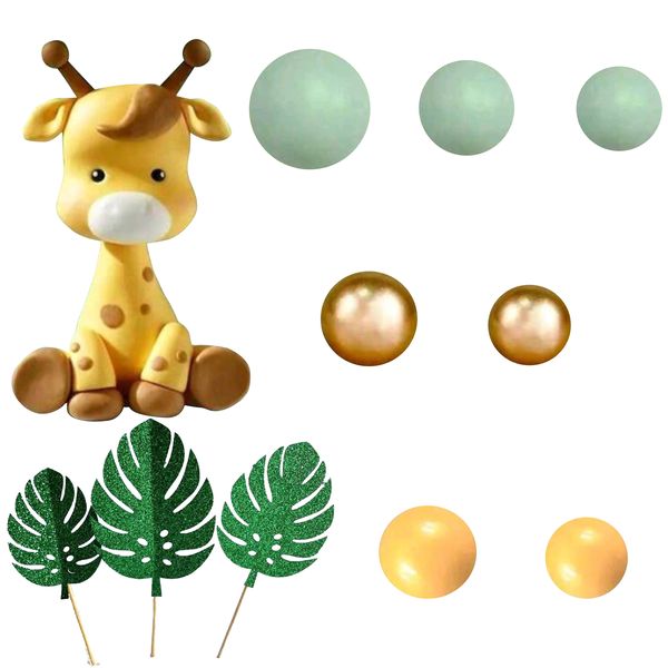 Giraffe and Monstera Leaves Theme Cake Topper Set - 20 Piece