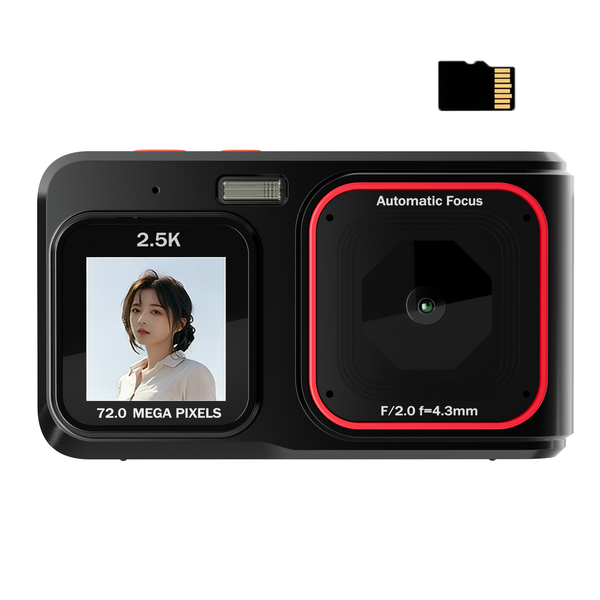 High-definition digital camera with dual screens: front 2.4mm and rear 1.54