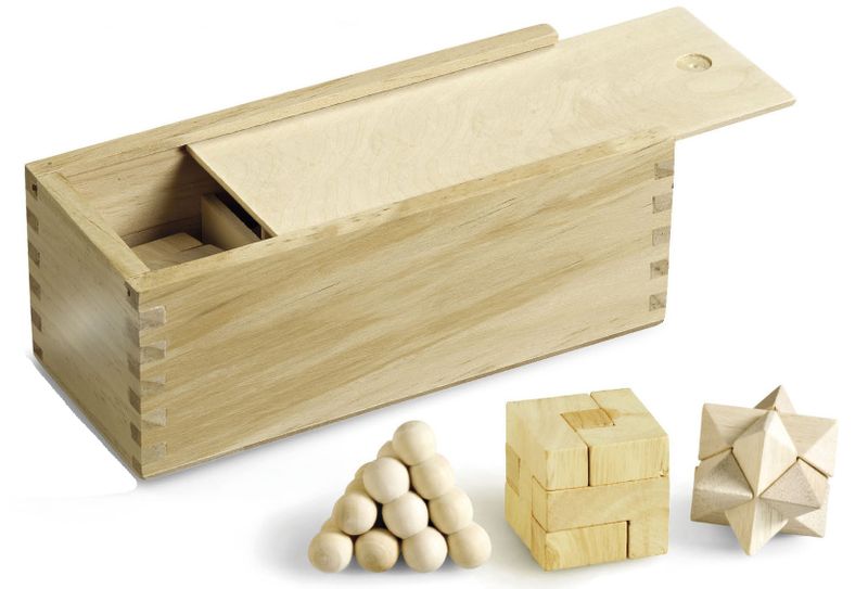3 Wooden Puzzles in Storage Box
