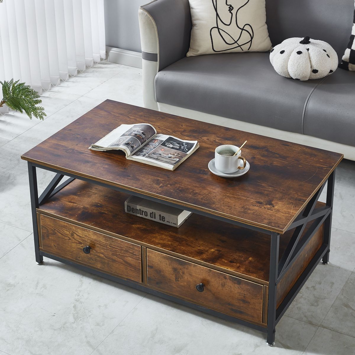 Coffee Table 2-Tier Tea Table Wood Center Table with Open Shelf
