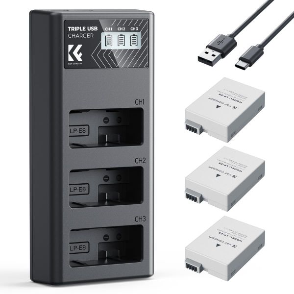 K&amp;F Concept 3 Pack LP-E8 Batteries &amp; LCD Charger compatible with Canon EOS