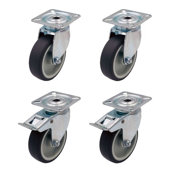 Grey Thermoplastic Rubber Wheel Swivel Plate + Brake Castors 100mm