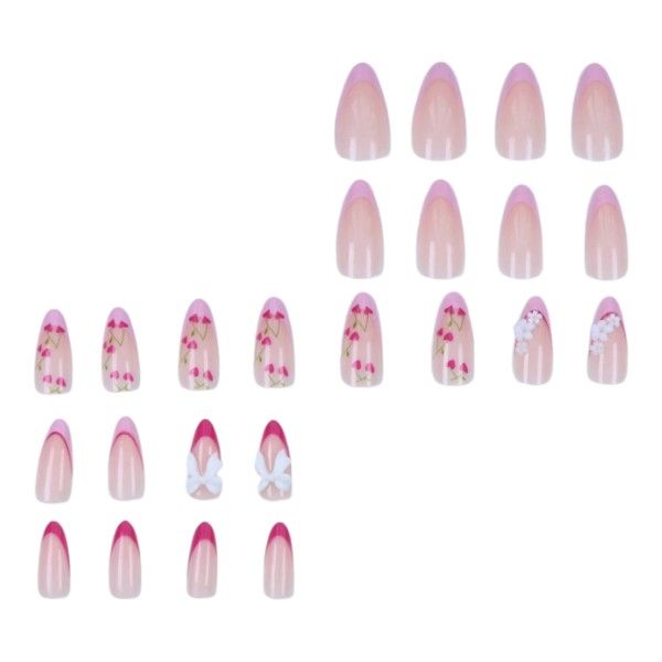 24 Piece - Almond Cherry Blossom Press-On Nails With 3D Bow Accents - Pink
