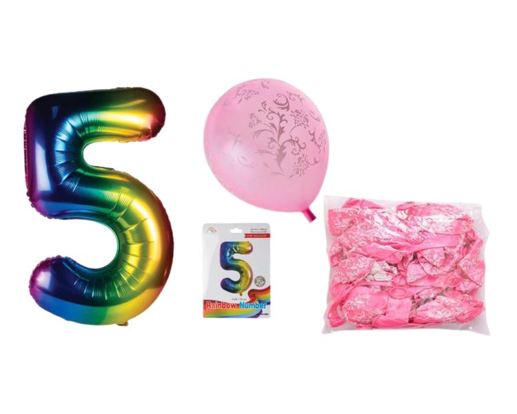 Birthday Age 5 Balloon Rainbow + Pink ballons