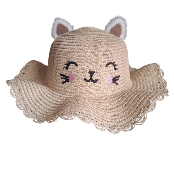 Kids Beige Cat Ear Straw Sun Hat - Cute Wide Brim Summer Beach Hat
