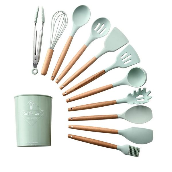 FI- 12x Piece Set Silicone Kitchen Utensils - Light Green