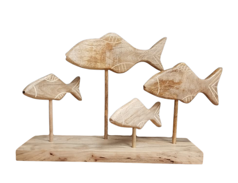 Decorative Wooden Fish Statuettes on Wooden Base - Natural Coastal Décor