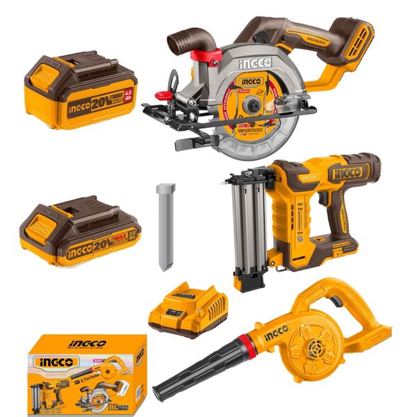 Ingco - 3 Piece cordless circular saw, stapler and air blower kit 20v