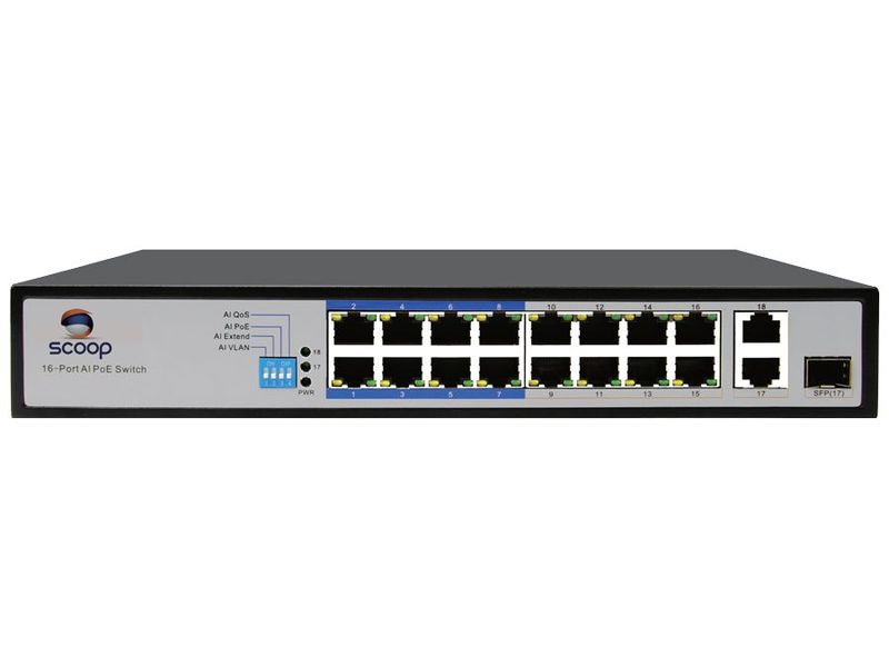 Scoop 16 Port Fast Ethernet AI PoE Switch 2GE/1SFP Uplink