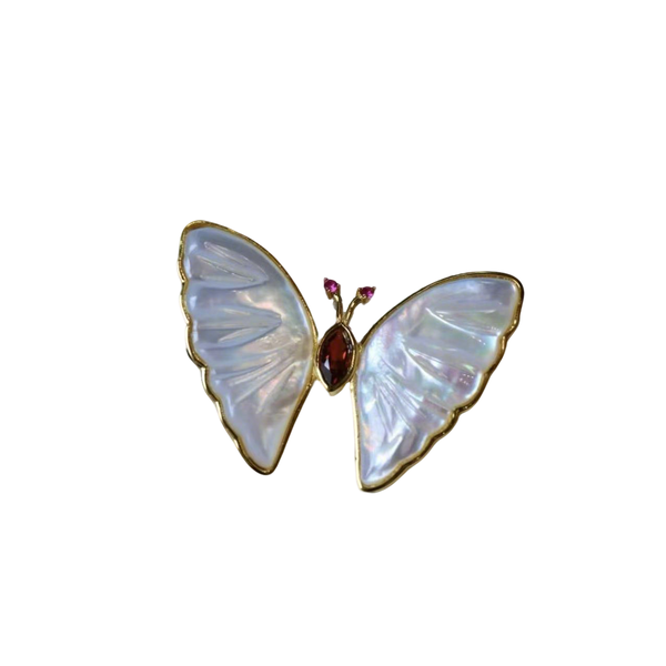 White Mother-Of-Pearl Butterfly Brooch Set With Natural Garnets