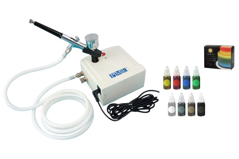 PME Airbrush Decorating Spray Compressor and Sugarflair - 8 x 14ml Colour Set