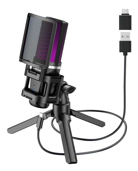 A68 - RGB Condenser Microphone With Pop Filter &amp; Tripod Stand - Black
