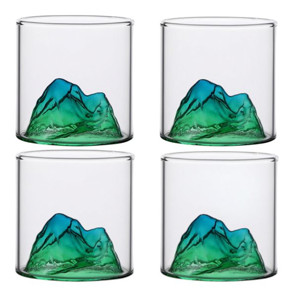 4 Piece - Artistic Mountain Peak Handcrafted Glasses - Green