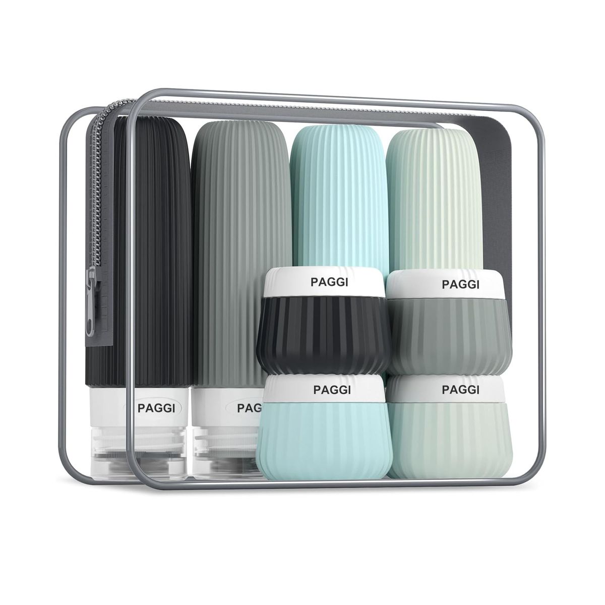 PAGGI 8 Pcs Travel Bottles Set Silicone Squeezable Containers Creams Jars