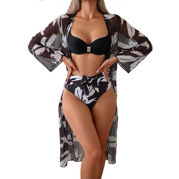 Women's 3-Piece Bikini Set Leaf Print High-Waisted with Long Mesh Cover-Up