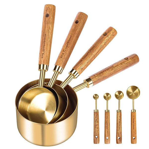 Alanes 8-In-1 Measuring Cups and Spoons Set with Wood Handle for Kitchen