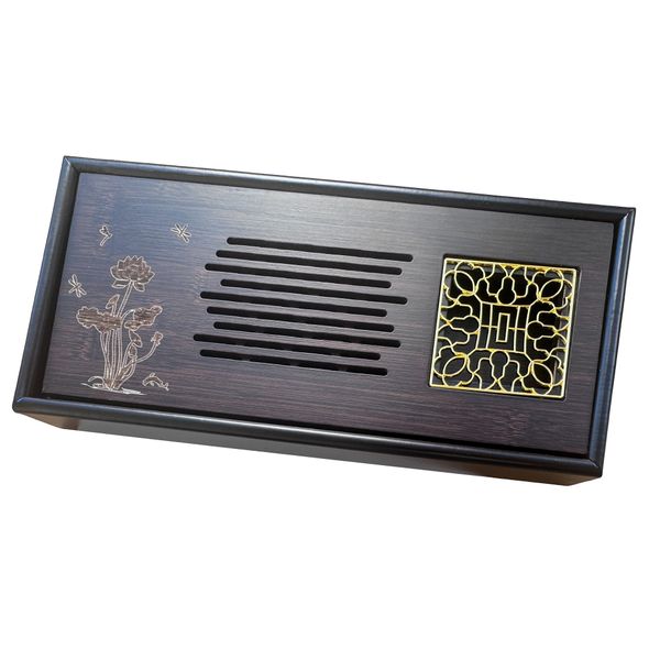Bamboo Tea Tray with Liftable Top for Drainage &amp; Brass Detail Inset