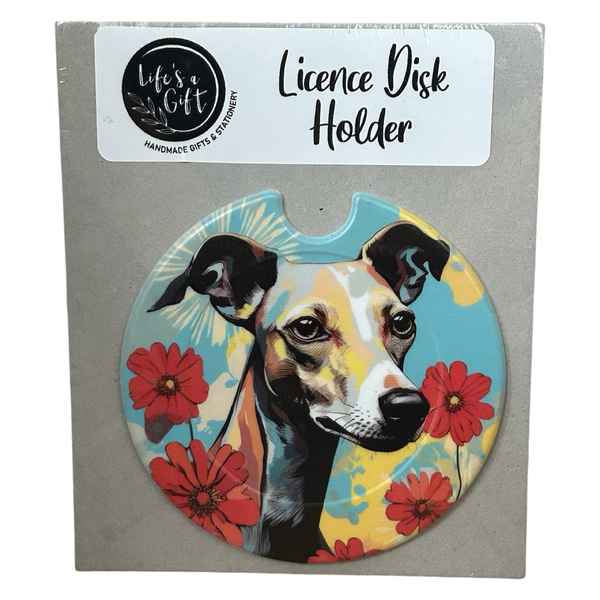 Licence Disk Holder - Whippet &amp; Red Flowers on Blue &amp; Yellow