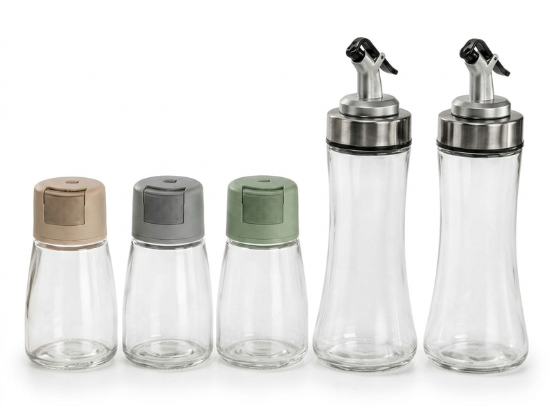 Glass Oil and Vinegar Set With Salt and Pepper Shakers