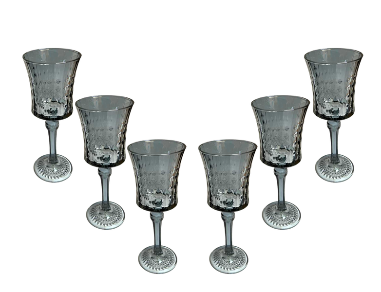 Crystal Vintage Smokey Black Wine Glasses - Diamond Cut - Set of 6