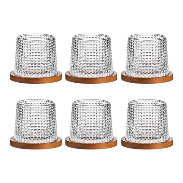 6-Packs Crystal Glass Cups Whiskey Glass Tumbler with Bamboo Saucer