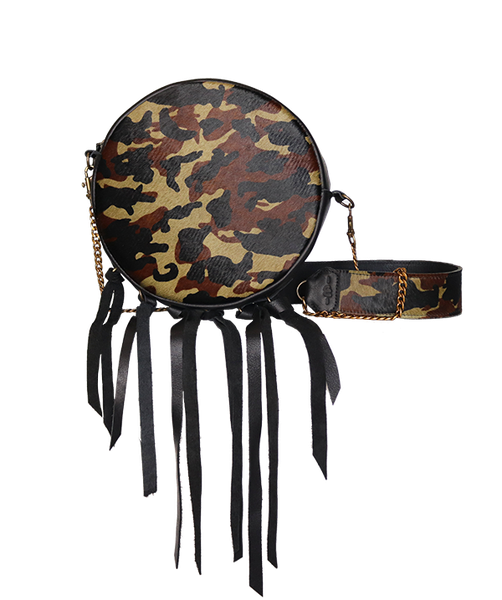 &amp;Seek Circular Leather Handbag with Tassels in Camo Print