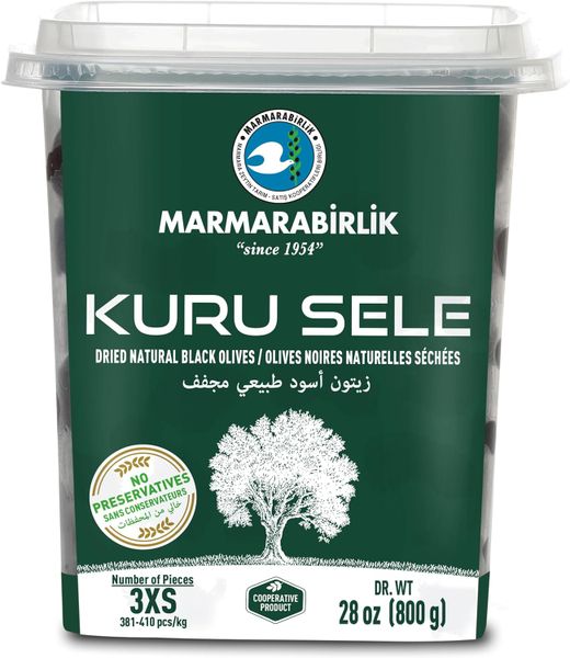 Marmarabirlik Kuru Sele Dried Natural Black Olives | 800g Tub | 3XS Size