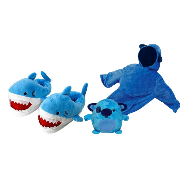 Kids Plush Shark Slippers &amp; 2-in-1 Pet Hoodie Blanket Lounge Set