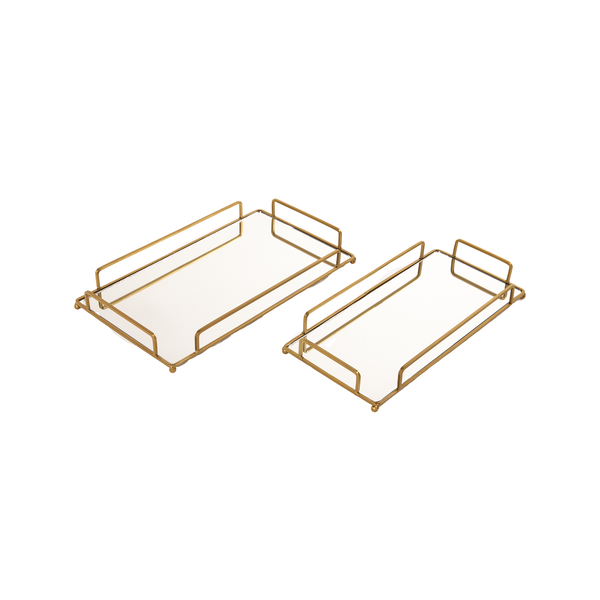 Set of 2 Mirrored Elegant Indoor Trays with Gold Frame