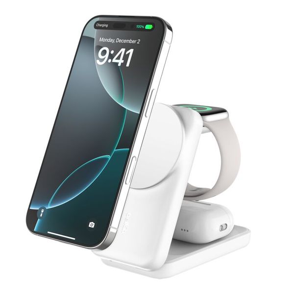 Belkin UltraCharge 25W 3-in-1 Foldable Magnetic Charger with Qi2 - White