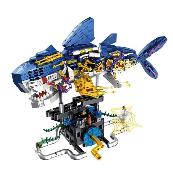 Mechanical Shark Building Set with Rotating Stand, STEM Toy - 734 Piece